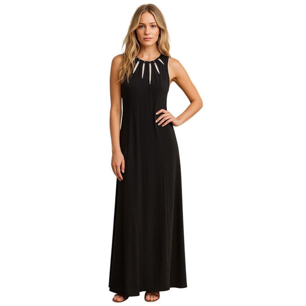 BCBGMAXAZRIA Gown Black Sleeveless Studded‎ Cutout Neckline Full Length Flowy M